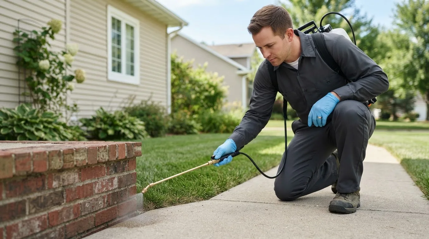 Pest control technician treating a home near Bastrop, TX