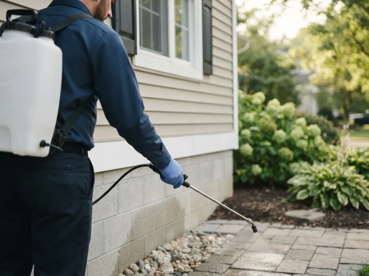 Pest control technician inspecting a home in Bastrop, TX